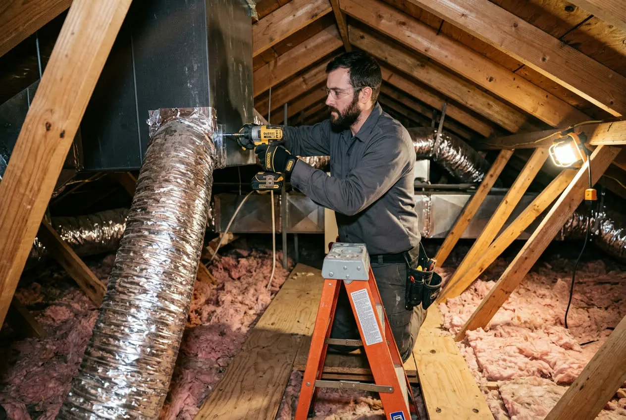 HVAC technician fastening flexible insulated ductwork in a residential attic