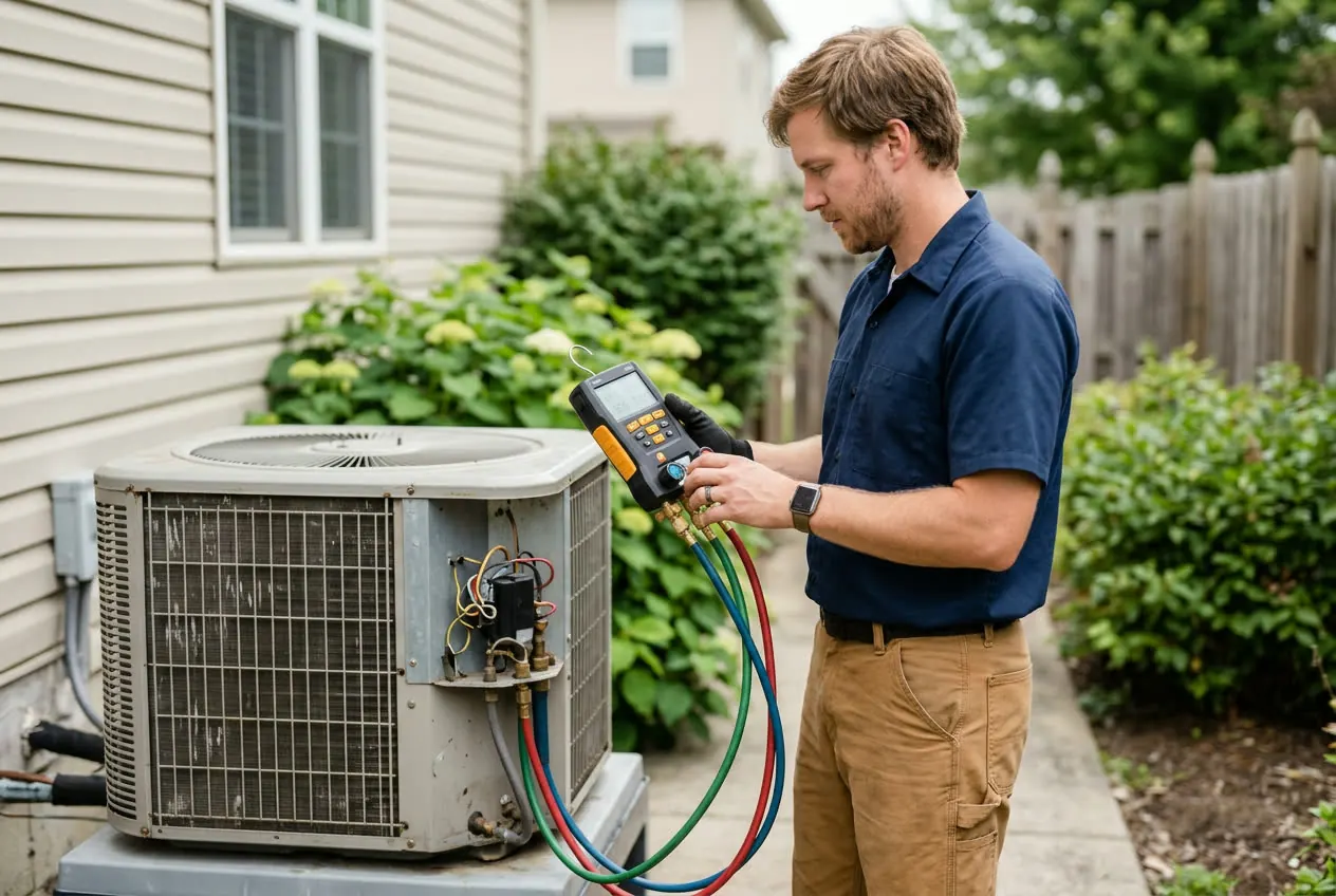 HVAC technician reviewing condenser system readings